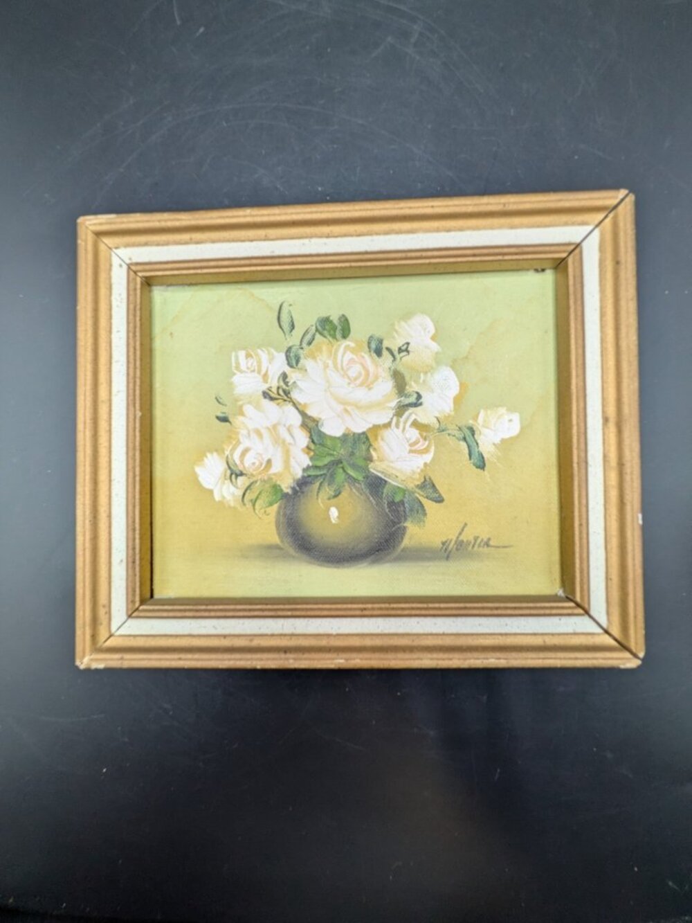 Small Original Signed Framed Oil Painting on Board White Roses in Vase Vtg 8.5x7